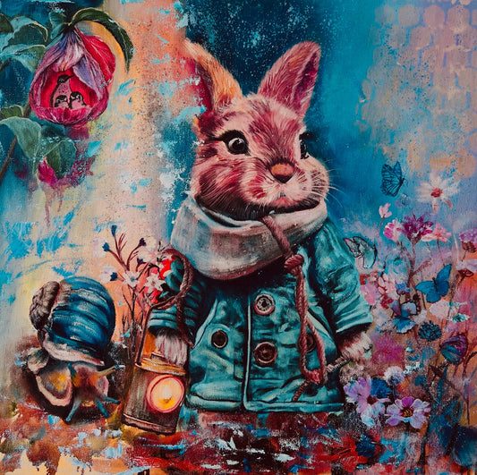 Dapper bunny on a magical woodland journey