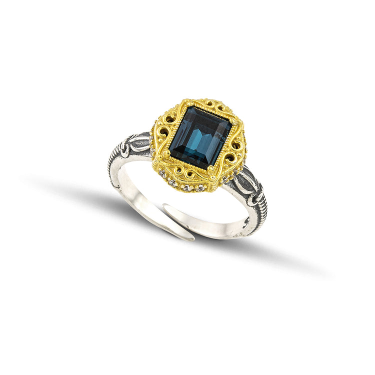 Single Stone Ring with Rectangular Swarovski Crystal in Gold Bezel and Zircon D158