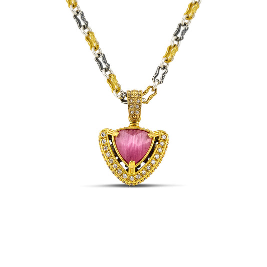 Inverted Triangular Cat Eye Pendant Necklace with Two-Tone Chain M165