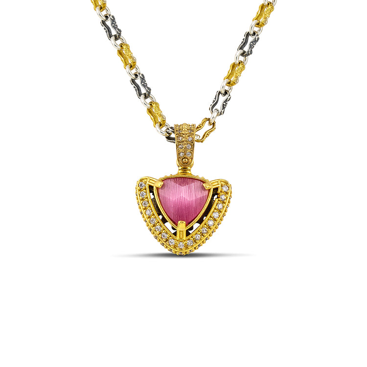 Inverted Triangular Cat Eye Pendant Necklace with Two-Tone Chain M165