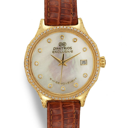 Sterling Silver gold plated Watch with Mother of pearl Dial and brown leather w1