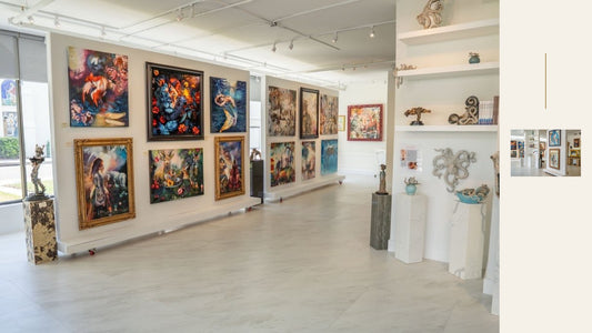 Collage of documentary photographs showing Milan Art Gallery interiors with colorful paintings and sculpture in Sarasota.