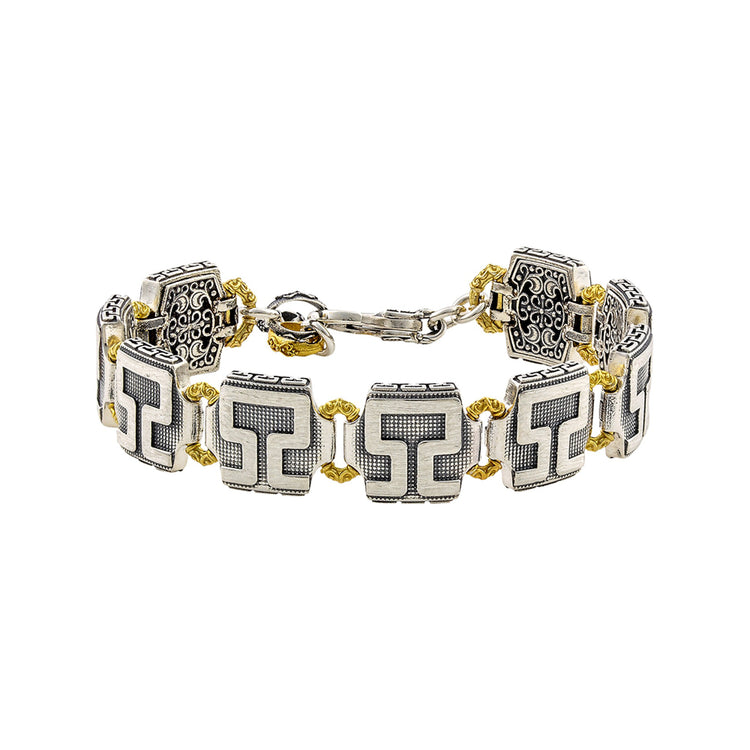 Nine Links Wide Sterling Silver Meander Bracelet with Ornate Details B152-1