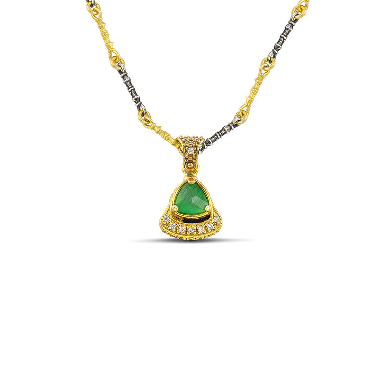 Triangular Cat Eye Pendant Necklace with Two-Tone Chain M165-1