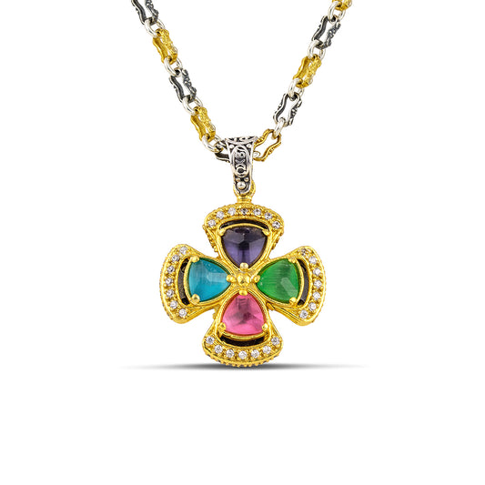 Four Stone Multicolor Triangular Cat Eye Large Pendant Necklace with Two-Tone Chain M165-2