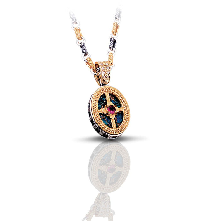 Pendant with Turqoise Stone, Rodholite and Two-tone Chain M68